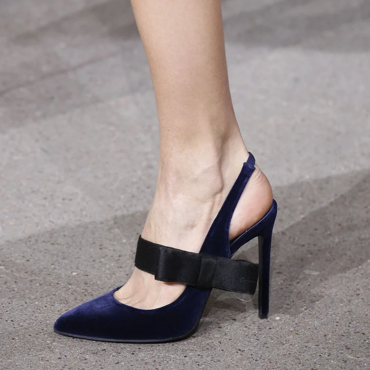 Navy Velvet Bow Mary Jane Pumps - Pointy Toe Slingback Heels Vdcoo