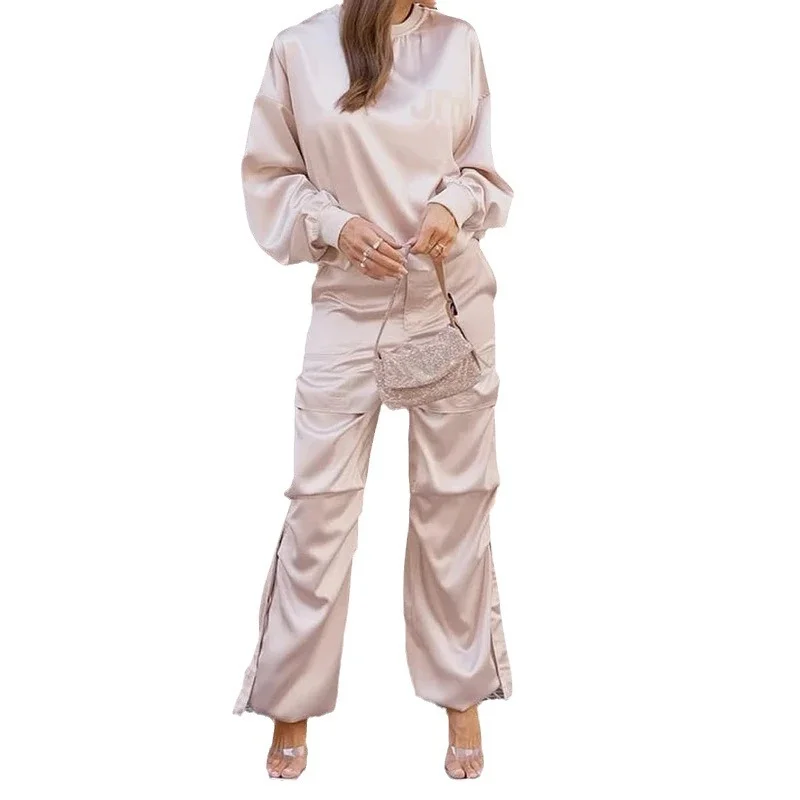 Nigikala Nigikala 2023 New Pure Color Silk Light Round Collar Long Sleeve Top Fashion Cargo Pants Suit