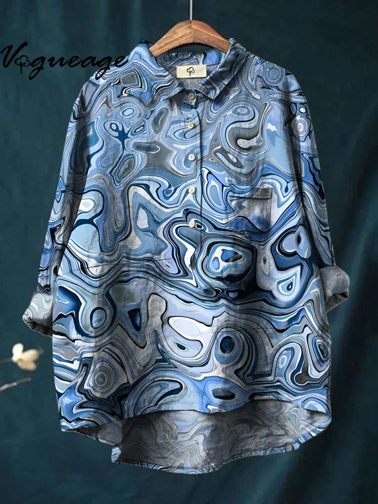Fashionable And Casual Water Wave Striped Printed Cotton And Linen Shirt