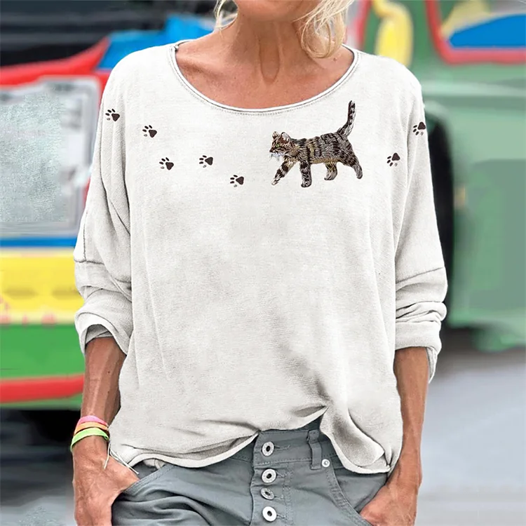 Cat & Paw Prints Yoke Embroidered Washed T Shirt