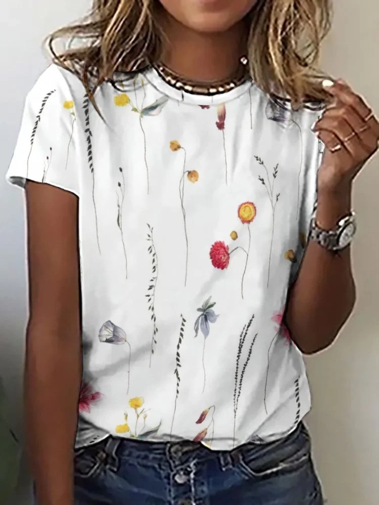 Printed Short Sleeve Casual T-shirt for  Women and Men Unisex Pattern Floral, Red, Yellow