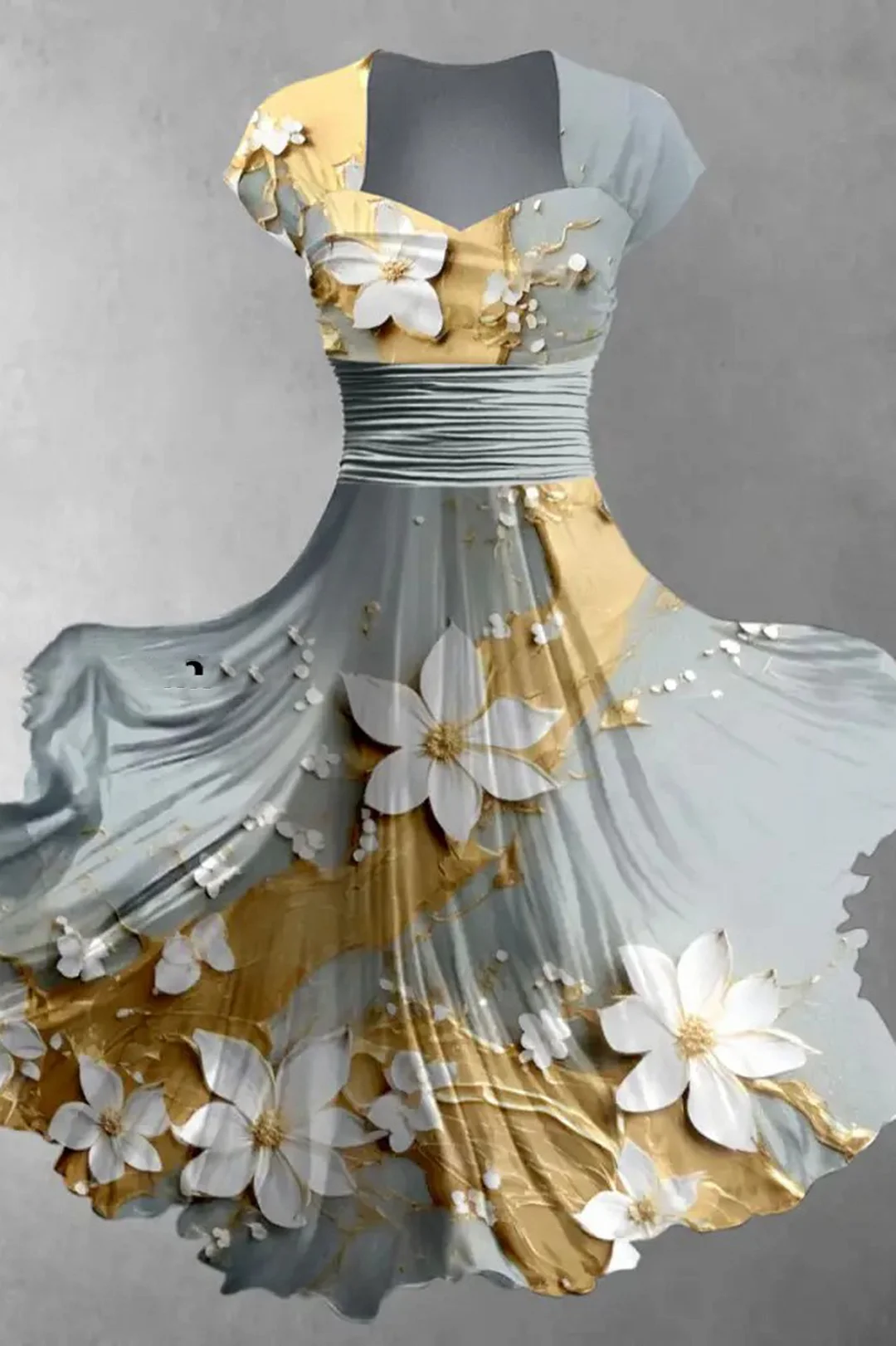 Floral Art Print V-Neck Short Sleeve Vintage Midi Dress