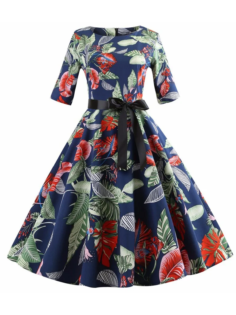 Women Vintage Pinup Dress Floral Printed Half Sleeve Big Swing Dress