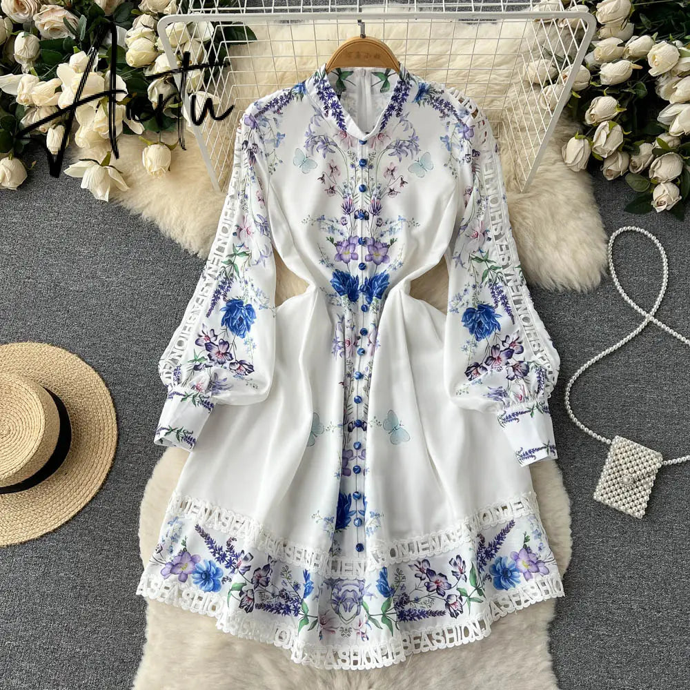Women's Vintage Lantern Sleeve Knee Length Dress Spring Summer Long Sleeve lace a line dress lady half high collar dress Aiertu
