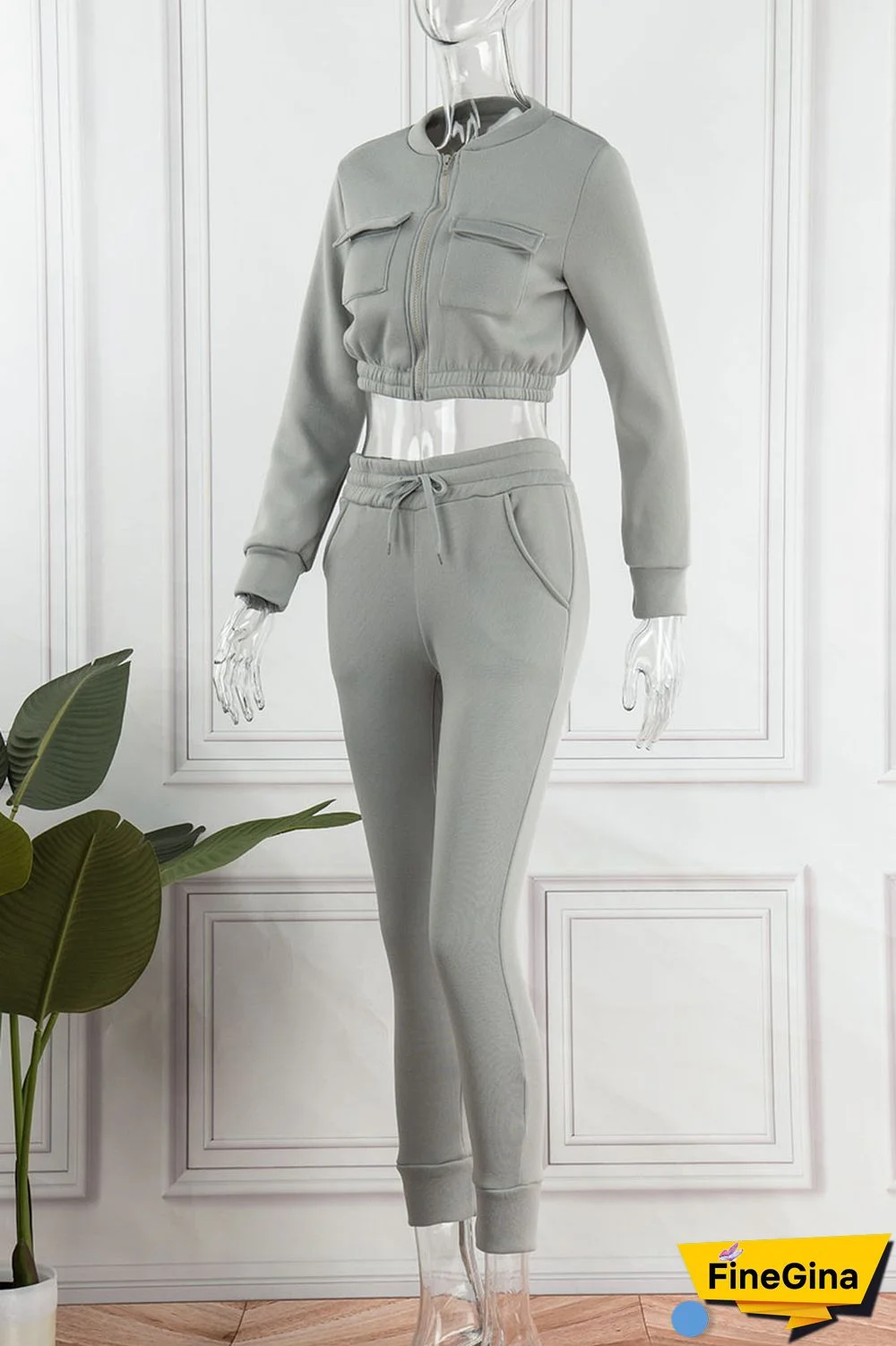 Nude Pink Casual Solid Patchwork Pocket Zipper Long Sleeve Two Pieces