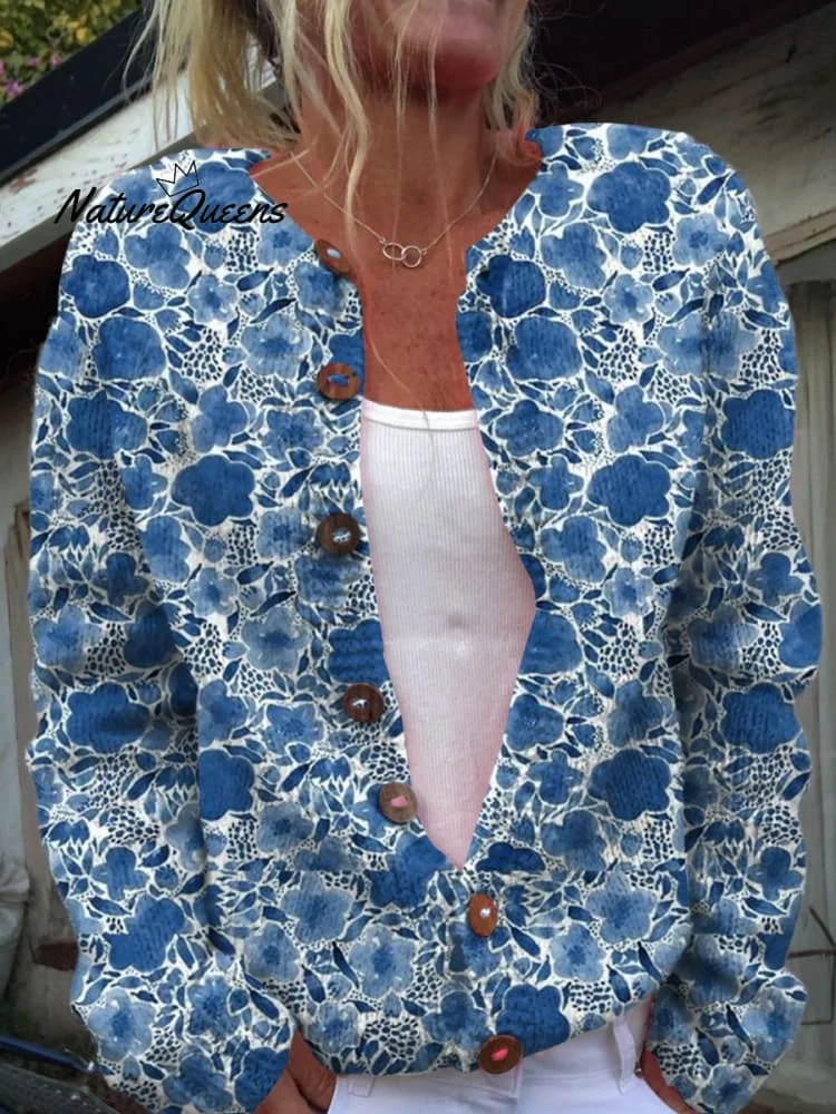Watercolor Blue Florets Print Buttoned Cardigan Sweater