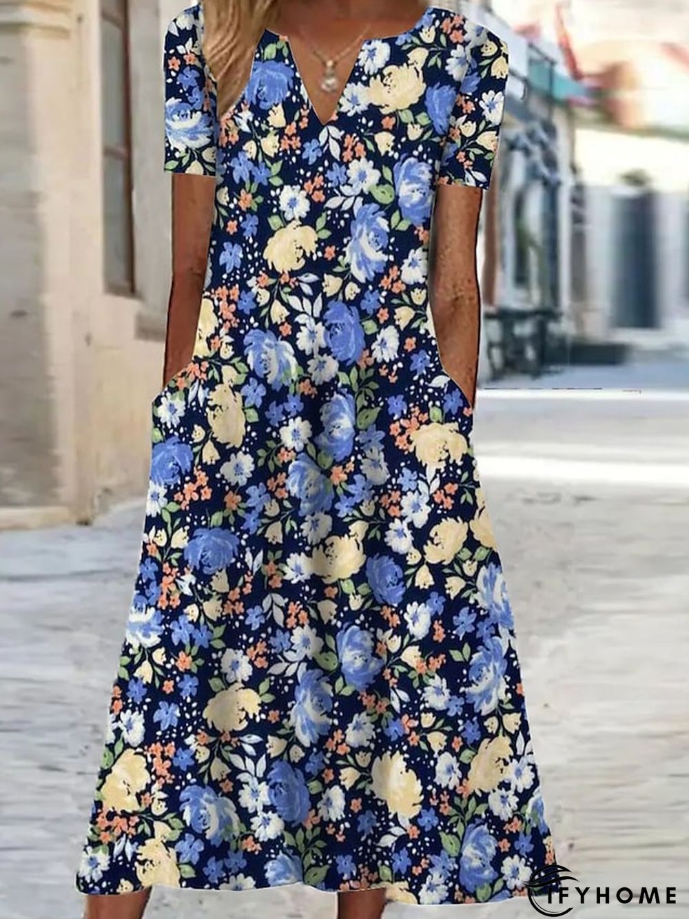 Women's Casual Dress Shift Dress Print Dress Floral Pocket Print V Neck Midi Dress Active Fashion Outdoor Vacation Short Sleeve Regular Fit Black Yellow Blue Spring Summer S M L XL XXL | IFYHOME