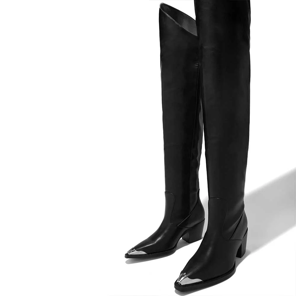Black Vegan Leather Metallic Snip Toe Thigh High Cowgirl Boots With Chunky Heels Nicepairs