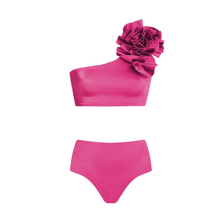 Flaxmaker 3D Flower One Shoulder High Waist Rose Red Bikini Swimsuit