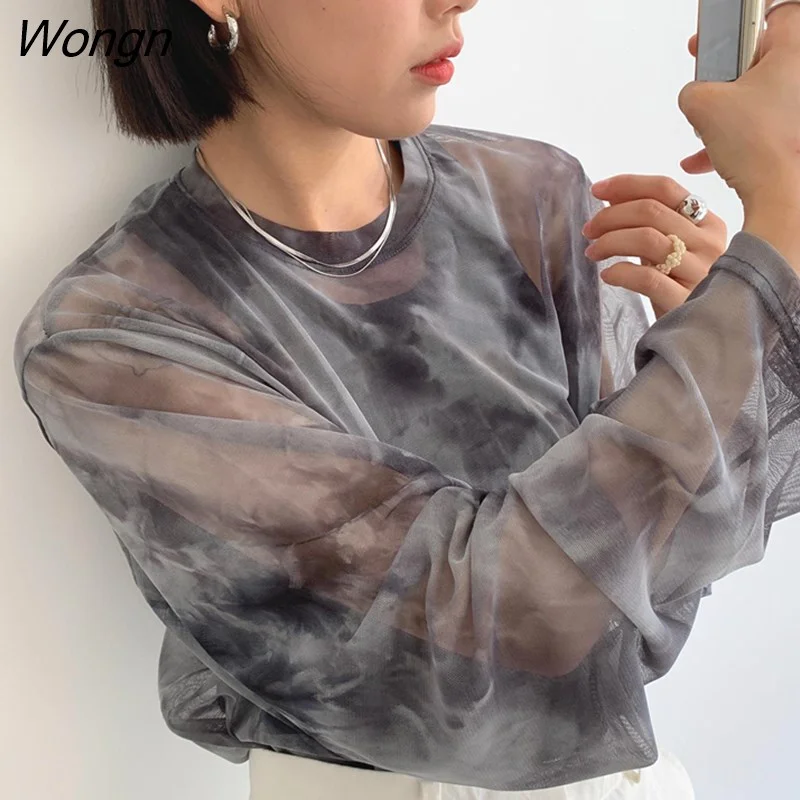 Wongn Sleeve T-shirts Women Spring Chic Tie Dye Design Mesh Harajuku Vintage Ladies Tops Ulzzang Retro High Street Teens Clothing