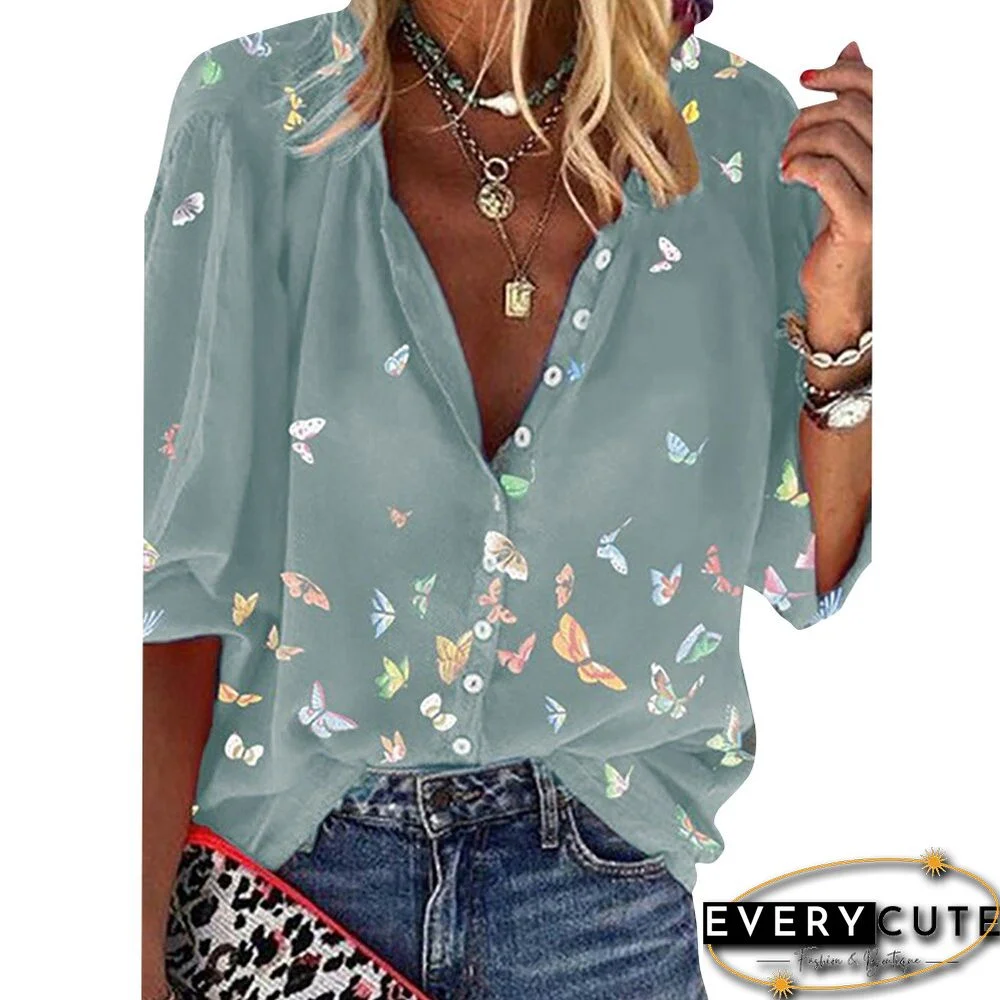 Summer Sexy T-Shirt Butterfly Print Half Sleeve Shirt Women Casual Button Shirt Fashion Loose T-Shirt Office Ladies Tops D30