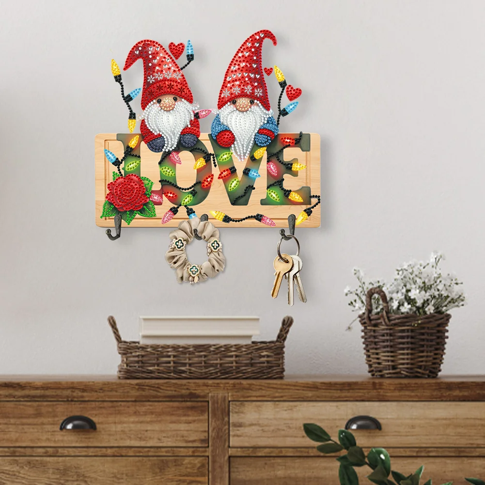 DIY Love And Gnome Wooden Special Shape 3 Hooks No Punch Diamond Painting Hook Rail