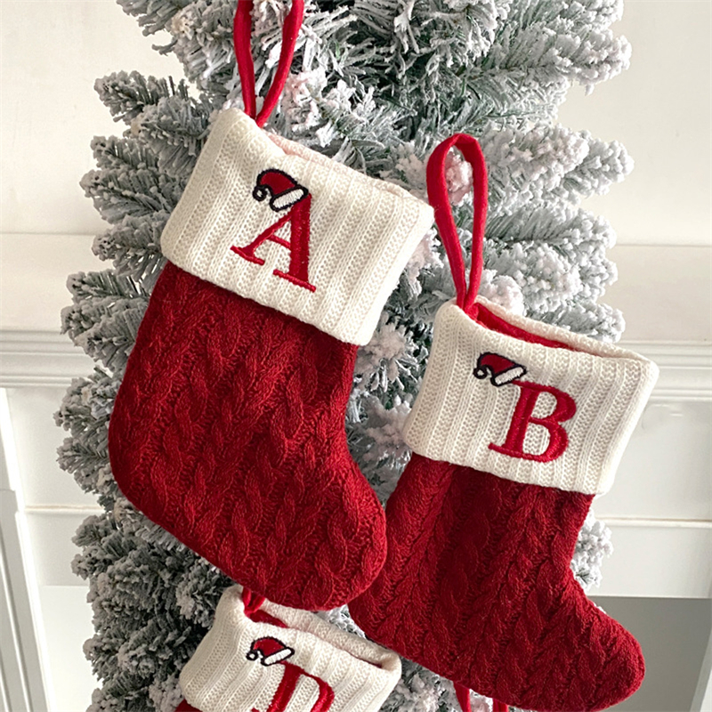 Tegooe Personalized Alphabet Knitted Christmas Stockings - Cable Knit Decoration