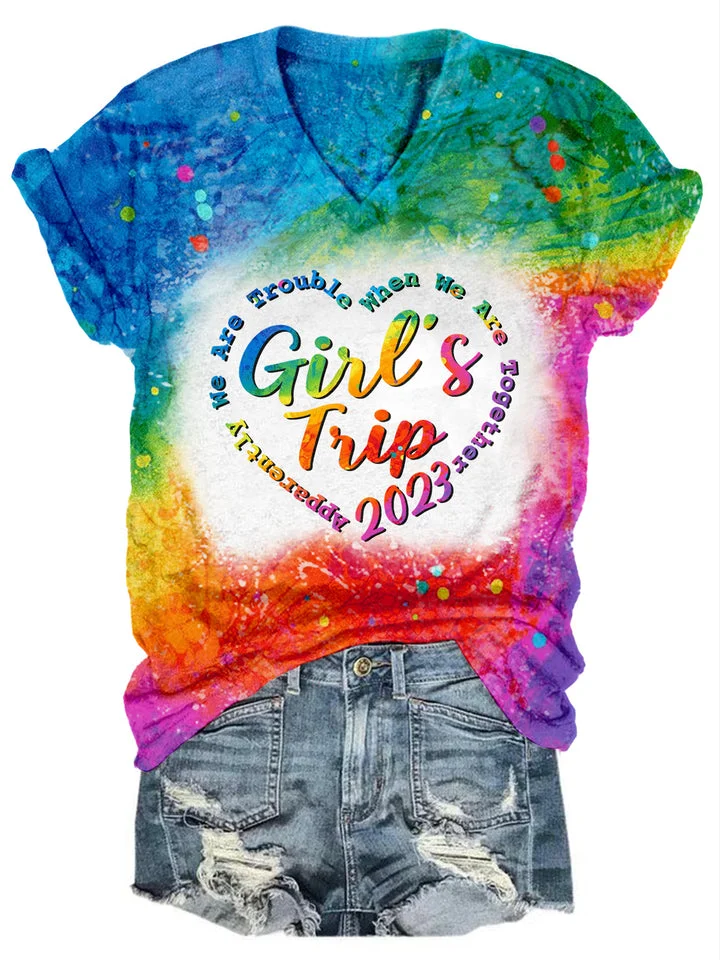 Girls' Travel 2023 Tie Dyed V-Neck T-shirt