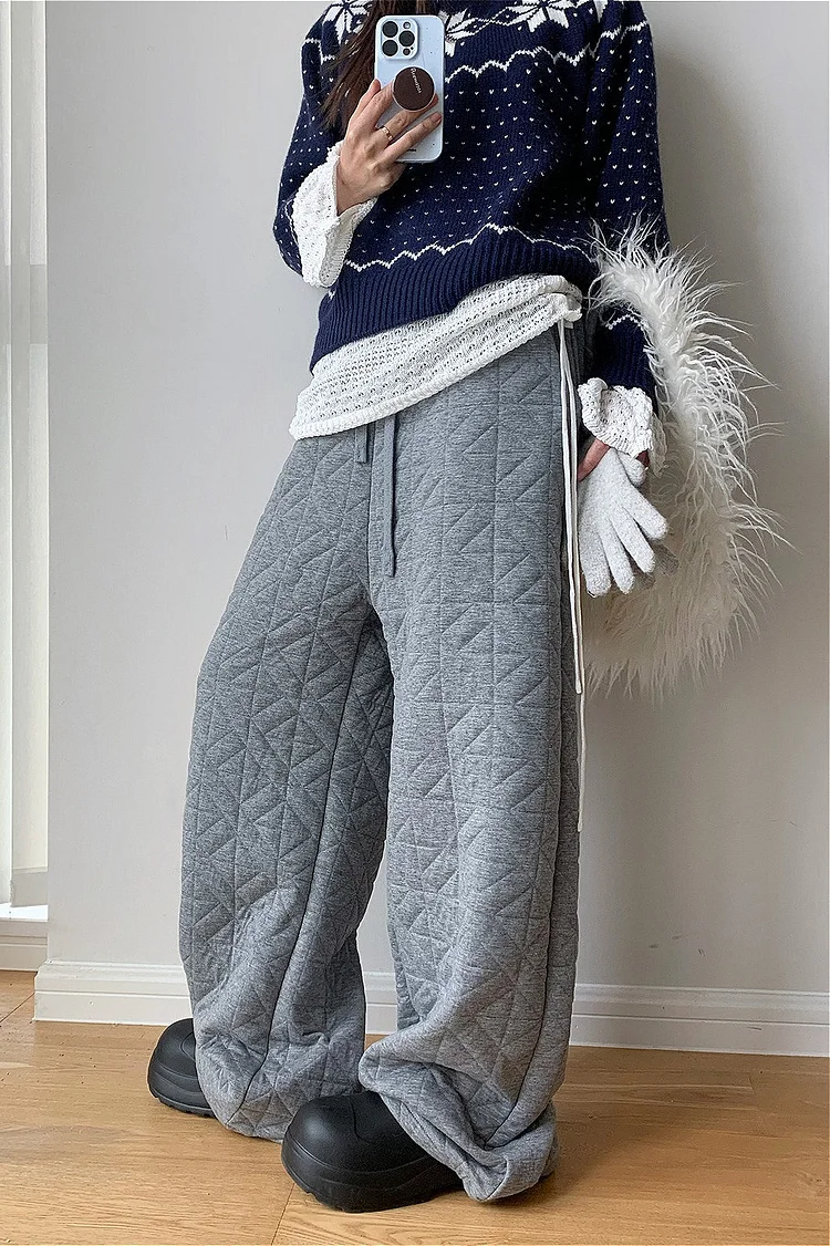 Solid Diamond Quilted Thickened Drawstring Thermal Pants