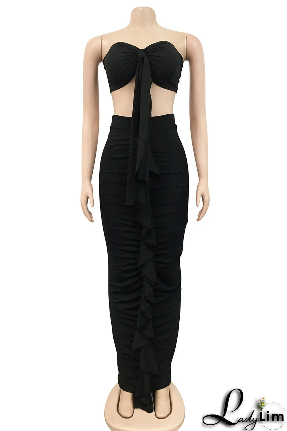 Yellow Fashion Sexy Solid Patchwork Backless Fold Strapless Sleeveless Two Pieces