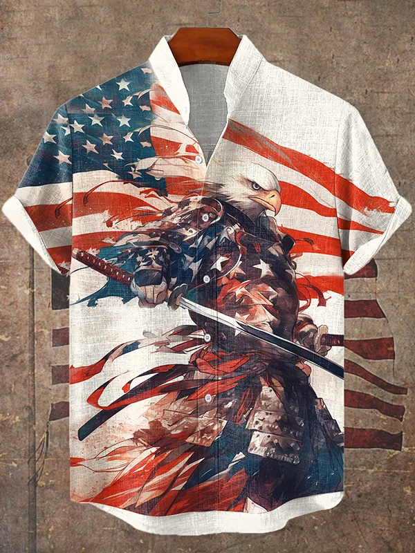 Men's Eagle General Warrior American Flag Ink Painting Print Short Sleeve Linen Blend Shirt