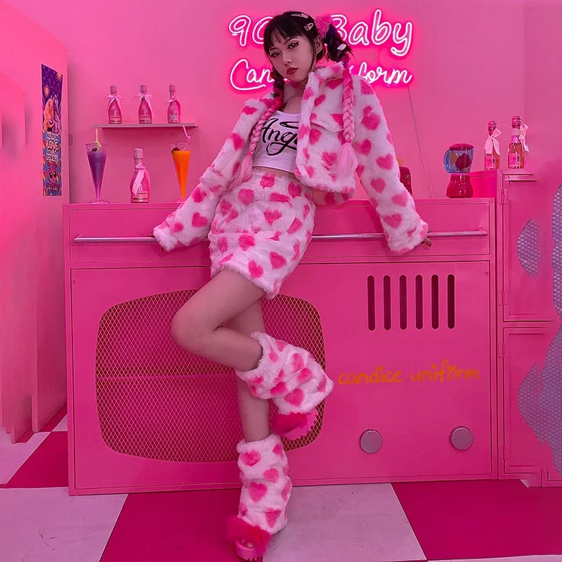 Y2K Love Pink Lapel Velvet Jacket+High Waist Mini Plush Skirt+Legging 3 Pcs Sets BE608