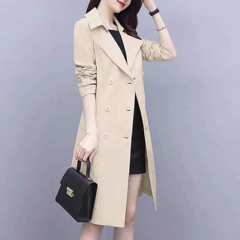 2021 New Spring Elegant Women Double Breasted Solid Thin Trench Coat Vintage Turn-down Collar Warm Trench With Belt Plus Size