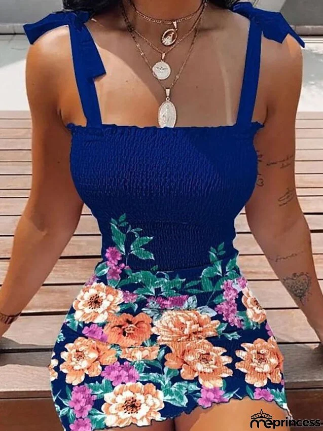 Women's Dress - Bodycon Sheath Dress Slip Dress Mini Dress White Pink Blue Sleeveless Floral Ruched Spring Summer Square Neck Stylish Weekend Slim S M L XL XXL