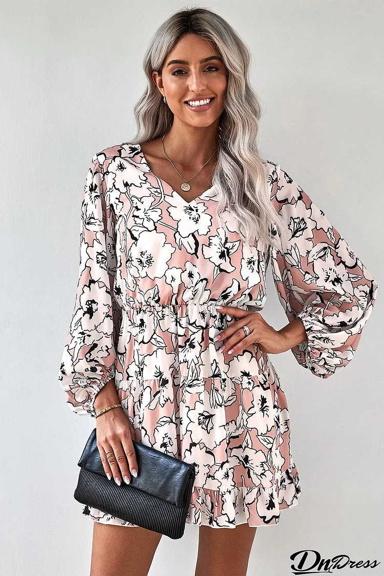 Floral Balloon Sleeve Ruffle Hem Dress