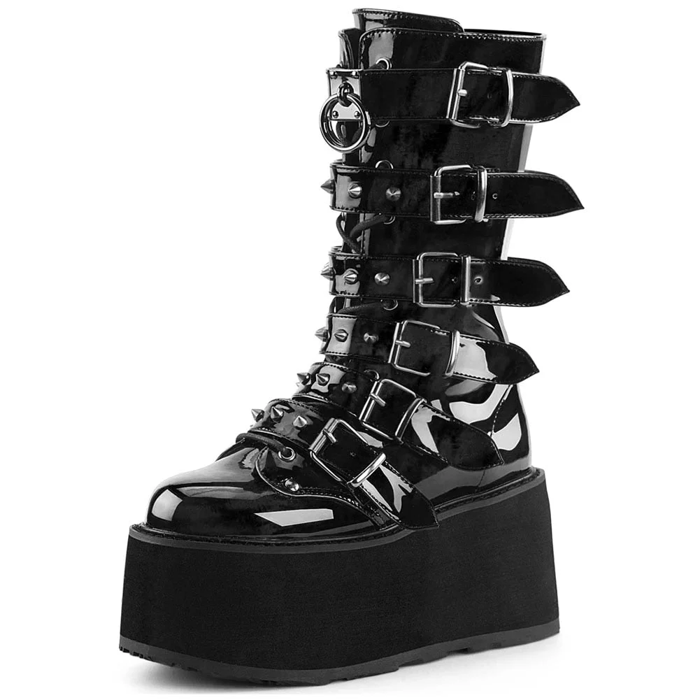 BONJOMARISA Brand Goth Love Heart Buckle Punk Wedges Platforms Women Boots Zipper Black Cosplay Cool Street Autumn Ladies Shoes