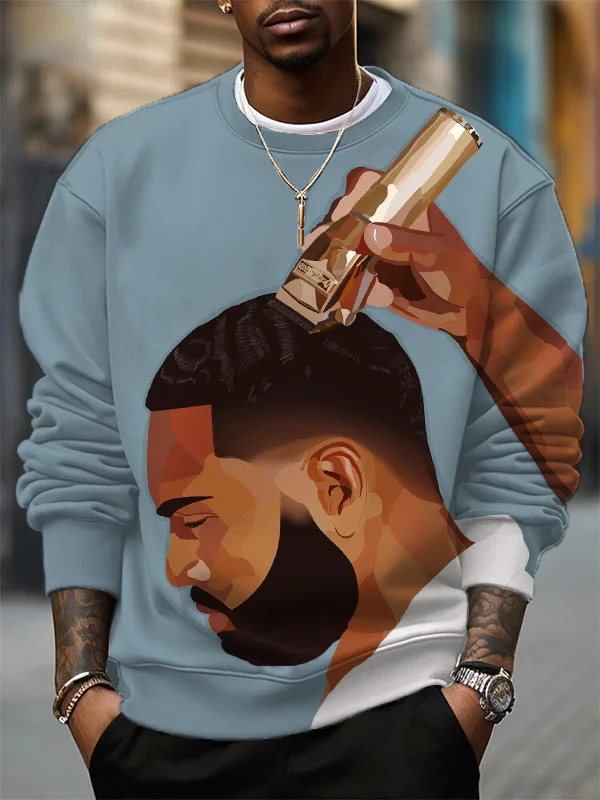 Men's Black Man Haircut Print Casual Sweatshirt