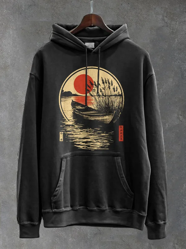 Men's Tranquil Lake Sunrise And Sunset Art Print Cotton Washed Hooded Sweatshirt