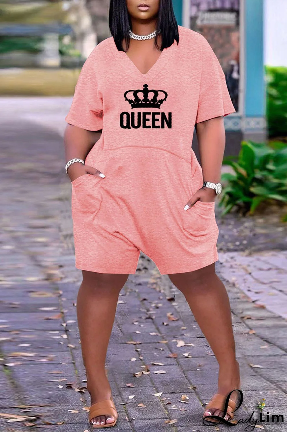 Light Gray Casual Print Split Joint Pocket V Neck Loose Jumpsuits