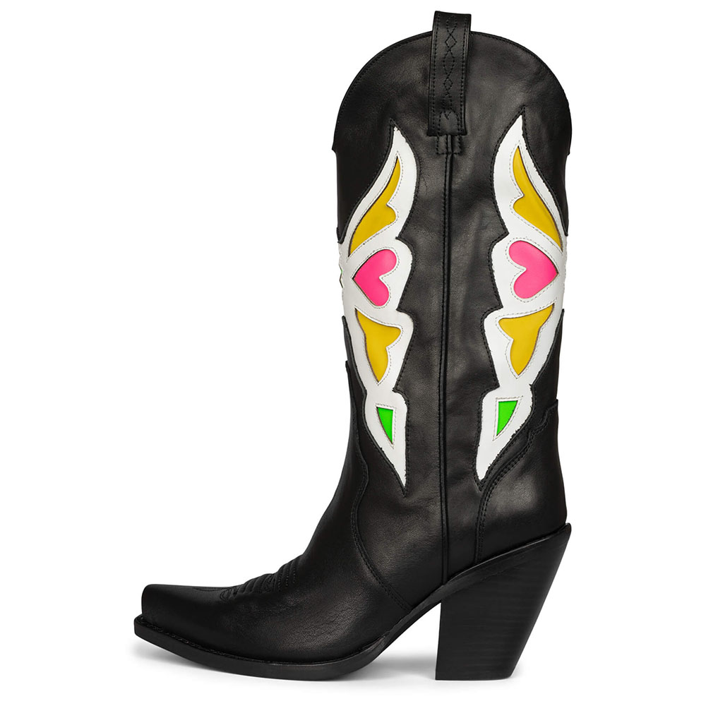 Black Vegan Leather Colorful Butterfly Patch-Work Heeled Cowgirl Boots    
