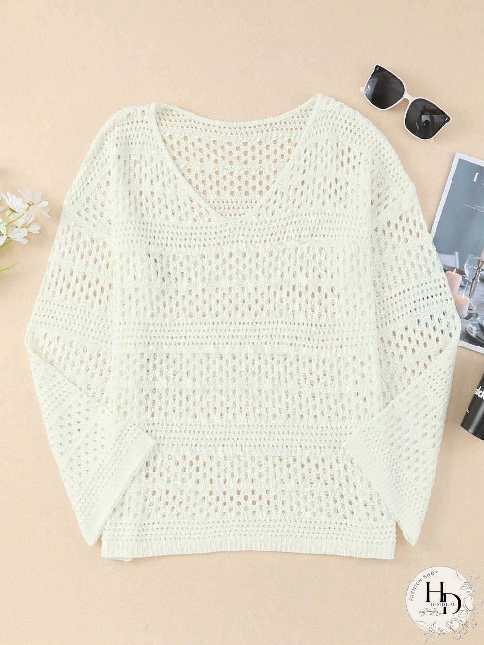 White Crochet V Neck Pullover Sweater with Hollow Out Detail