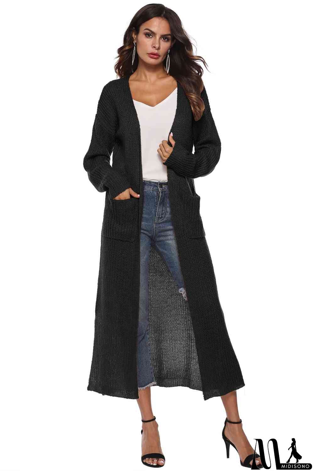MidiSono - Long Sleeve Open Front Buttoned Cardigan
