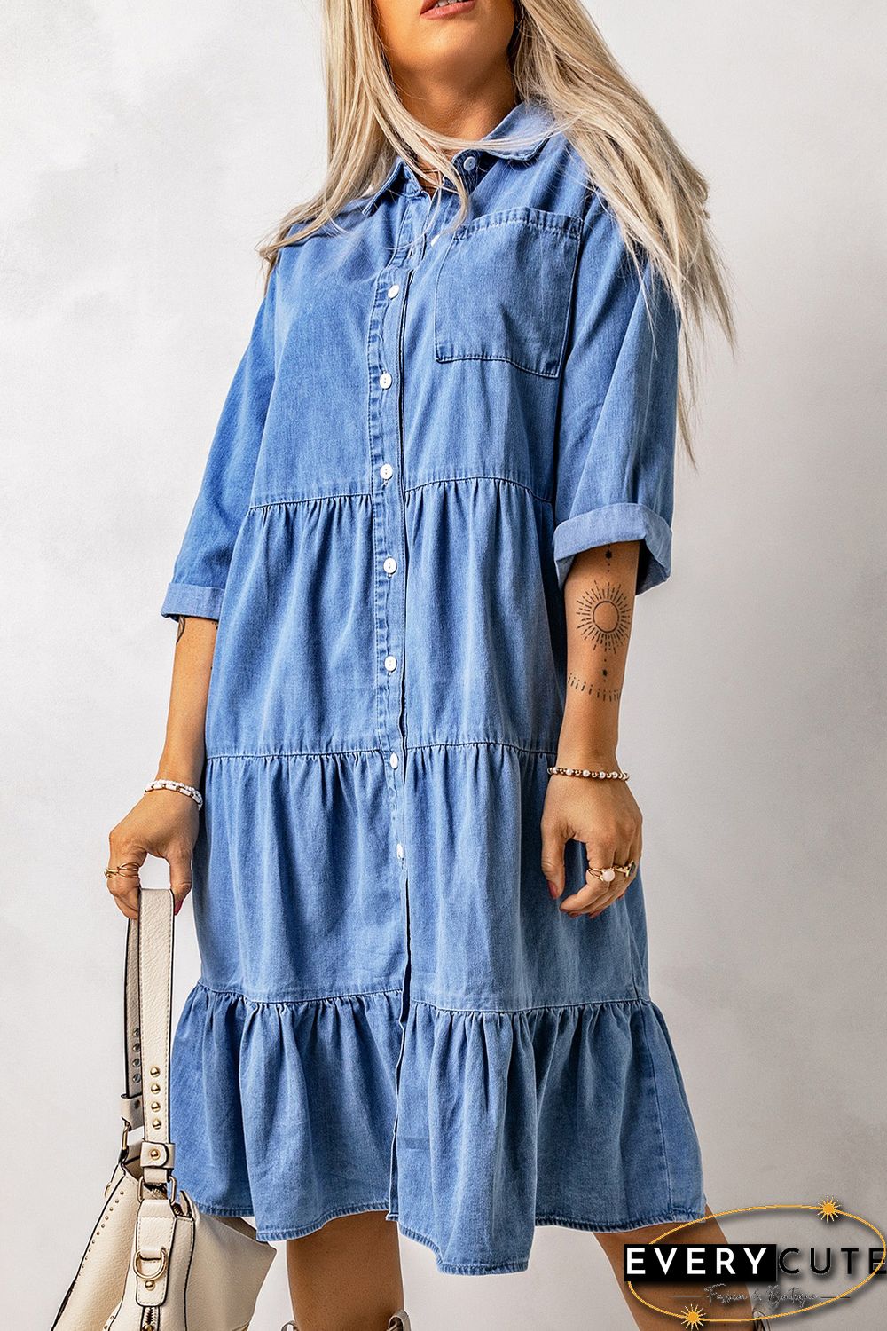 Sky Blue Ruffled Denim Full Buttoned Midi Dress