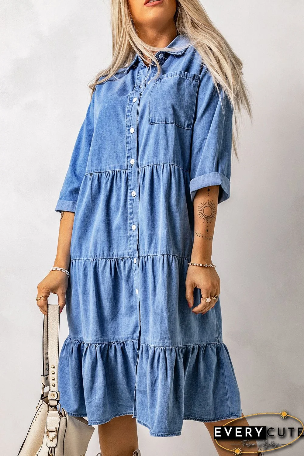 Sky Blue Ruffled Denim Full Buttoned Midi Dress