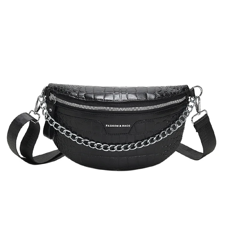 Alligator Pattern Chest Bag Casual Thick Chain Lady Waist Bag for Work (Black)