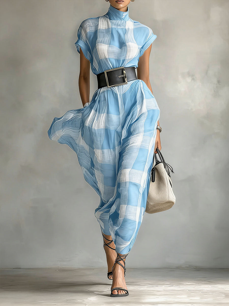 Women's Plaid Print Stand Collar Short-sleeved Casual Loose Cotton Linen Dress