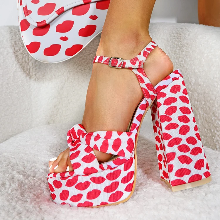 Red & White Platform Shoes Women's Heart Print Sandal Chunky Heels |FSJ Shoes