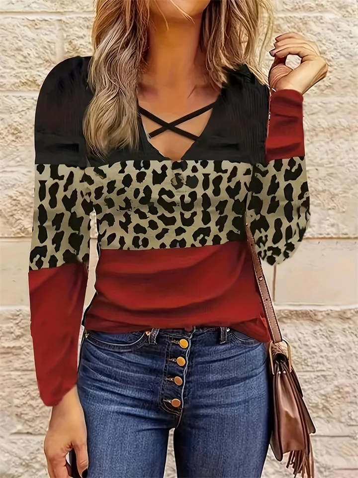 Fall New Comfortable Casual Long-sleeved Women's Personality Leopard Splicing V-neck Temperament Commuting Urban Wind Blouse-Mixcun