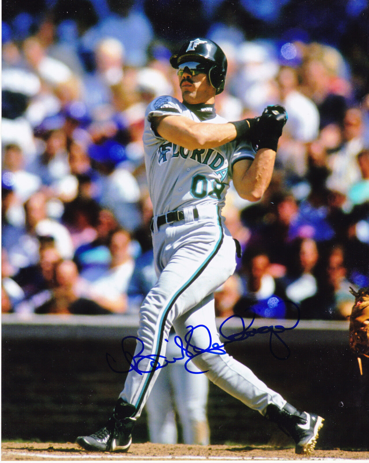 BENITO SANTIAGO FLORIDA MARLINS ACTION SIGNED 8x10