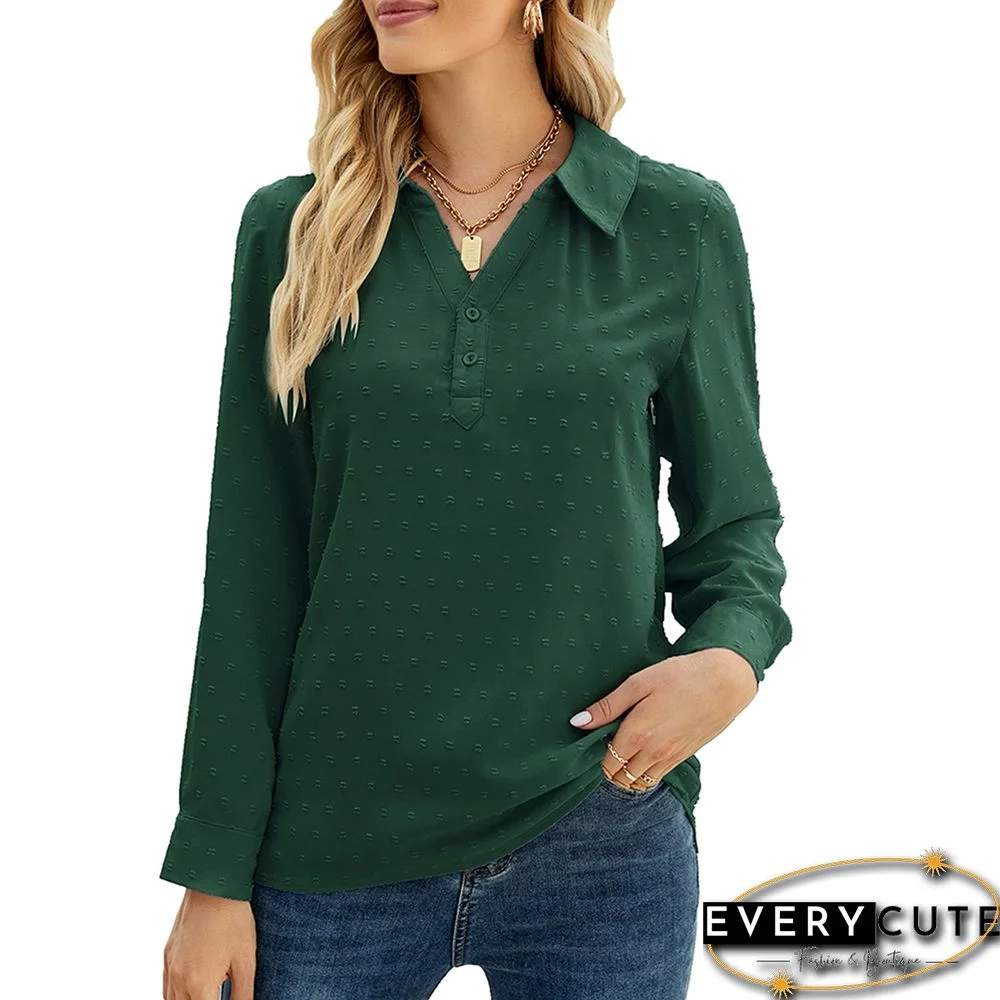 Green Swiss Dot V Neck Jacquard Long Sleeve Tops