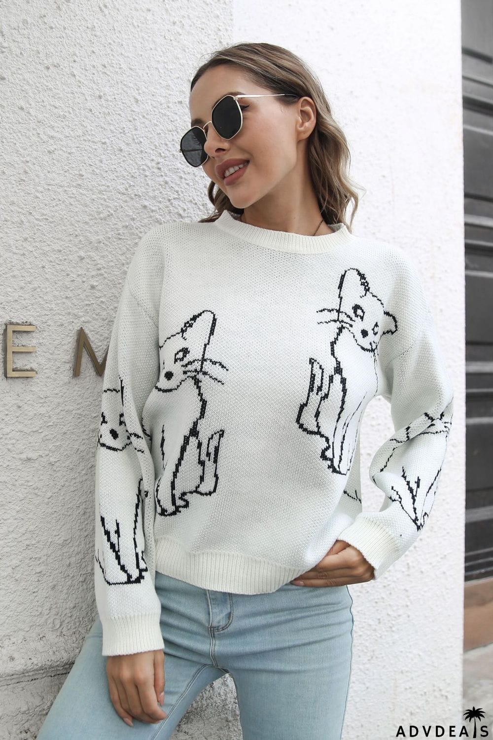 Cat Pattern Round Neck Long Sleeve Pullover Sweater