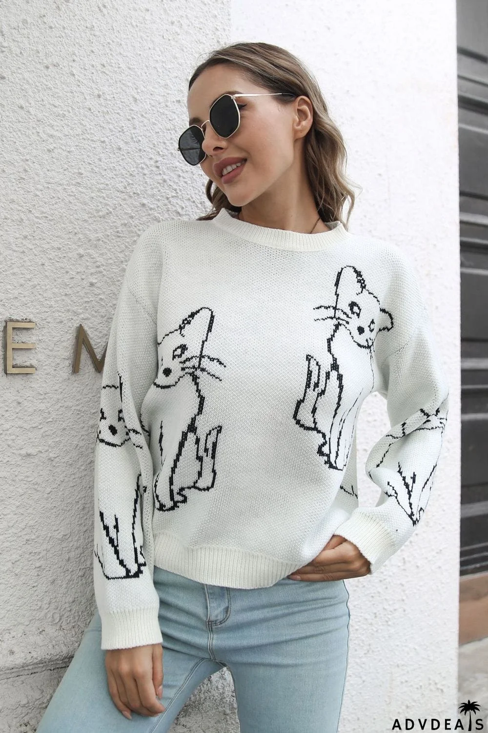 Cat Pattern Round Neck Long Sleeve Pullover Sweater
