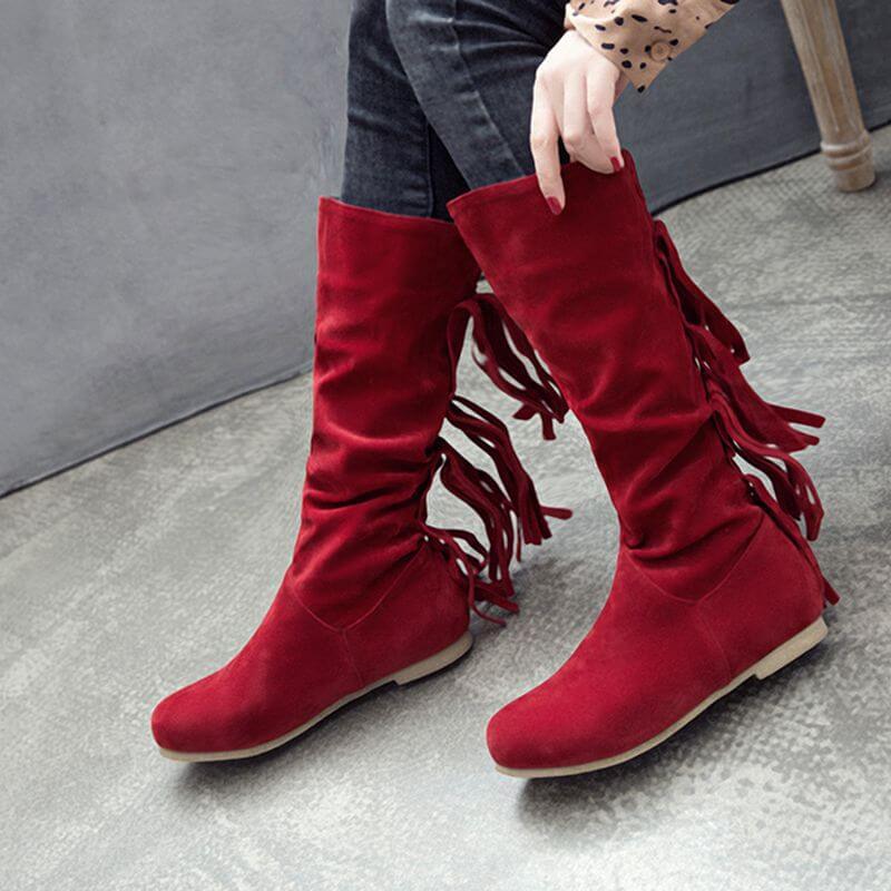 VCSHOES Suede Fringe Knee High Round Toe Boots