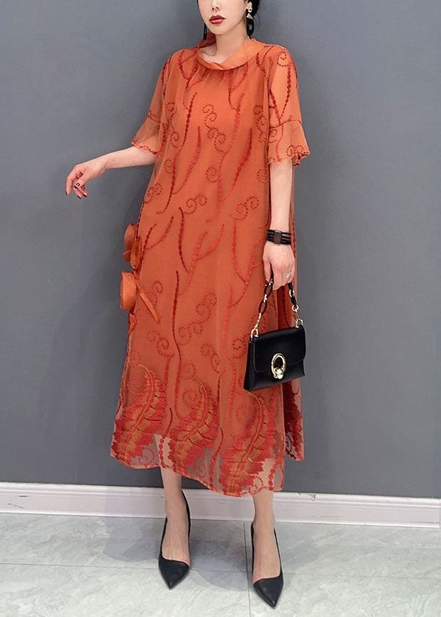VCSHOES Orange Stand Collar Embroideried Tulle Dresses Summer