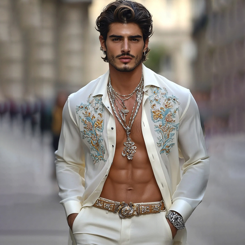 Men's Vintage Embroidery Floral Art Button Casual Shirt