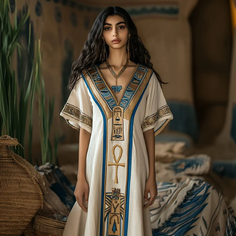Egyptian Ankh Embroidery Women's Linen Maxi Dress