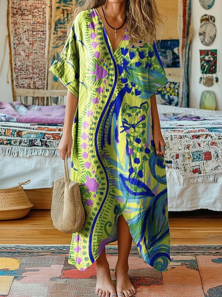 Women's Bright Floral Spot Art Print V-Neck Cotton Short Sleeve Dress