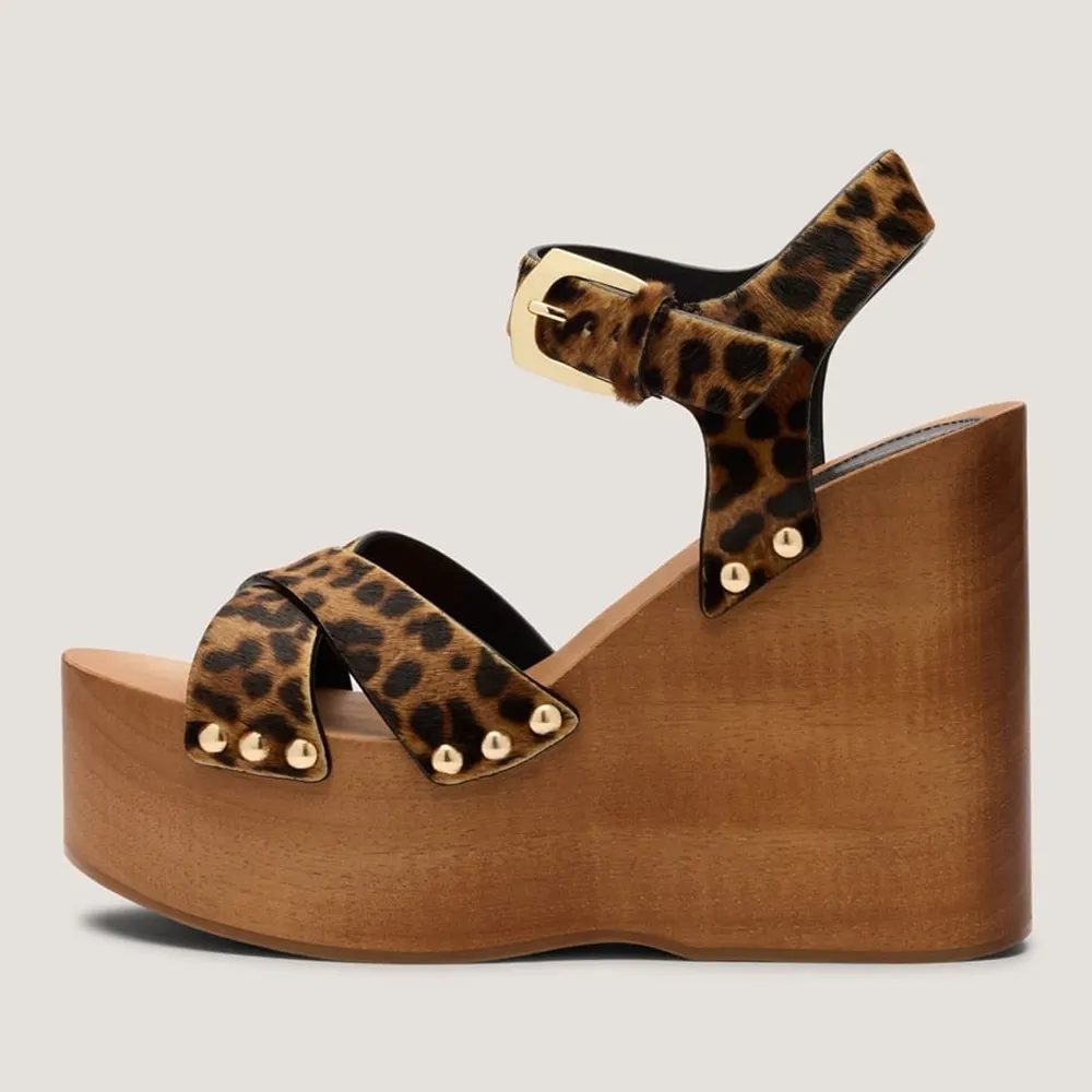 Leopard Faux Fur Open Toe Ankle Strap Wedge Heel Platform Sandals