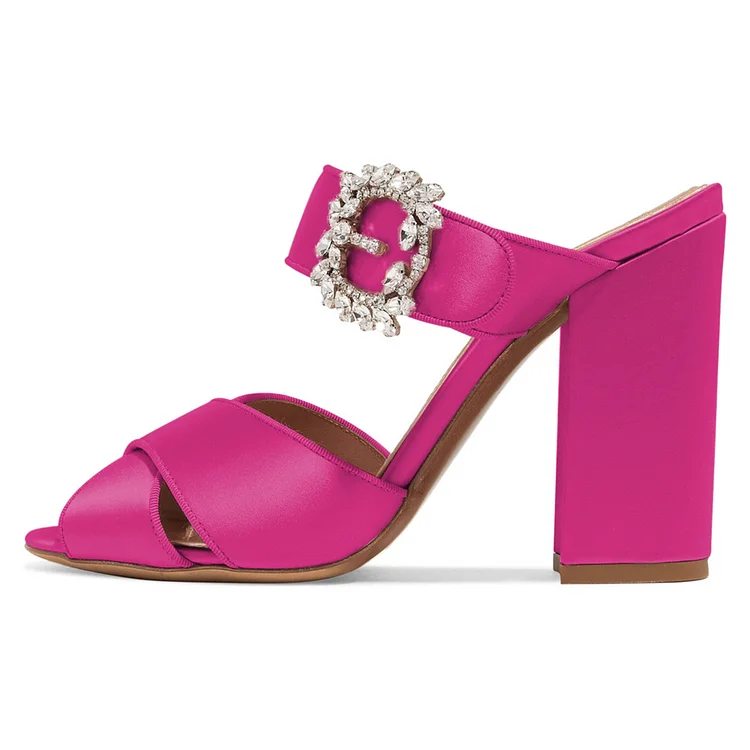 Hot Pink Satin Rhinestone Buckle Chunky Heel Mule Sandals Vdcoo