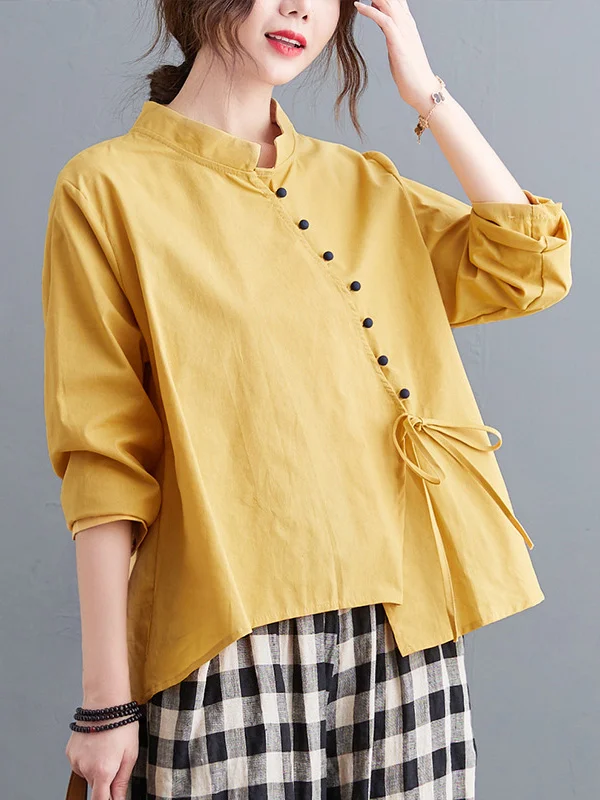 Artistic Retro Loose 3 Colors Irregular Buttoned Tied Stand Collar Long Sleeves Blouse